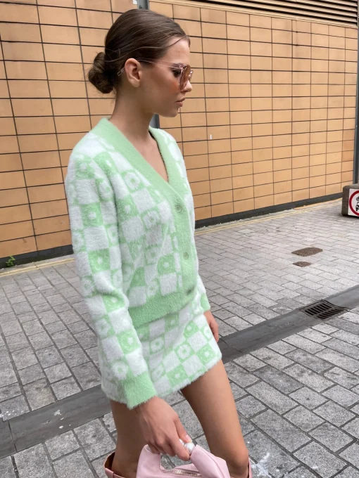 Glamorous Workwear|Co-ords|Green Flower Check Knitted Cardigan -
