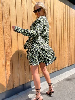 Glamorous Day Dresses|Wrap Dressses|Green Rose Long Sleeve Wrap Mini-dress -