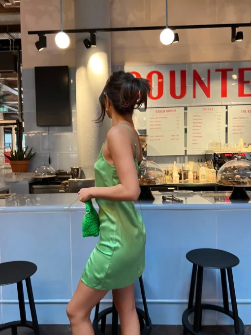 Glamorous Go To Partywear|Day Dresses|Green Satin Split Front Mini-Dress -