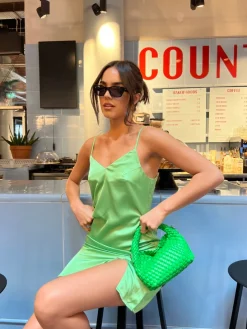 Glamorous Go To Partywear|Day Dresses|Green Satin Split Front Mini-Dress -