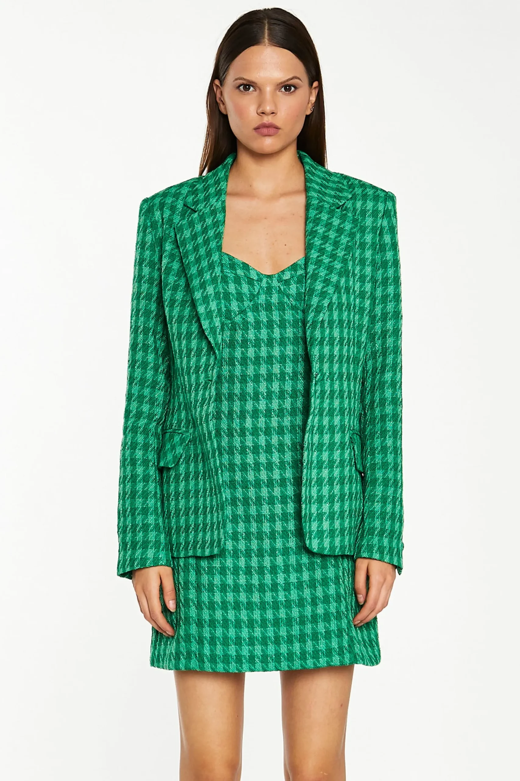 Glamorous Workwear|Go To Partywear|Green Tonal Houndstooth Fitted Blazer -