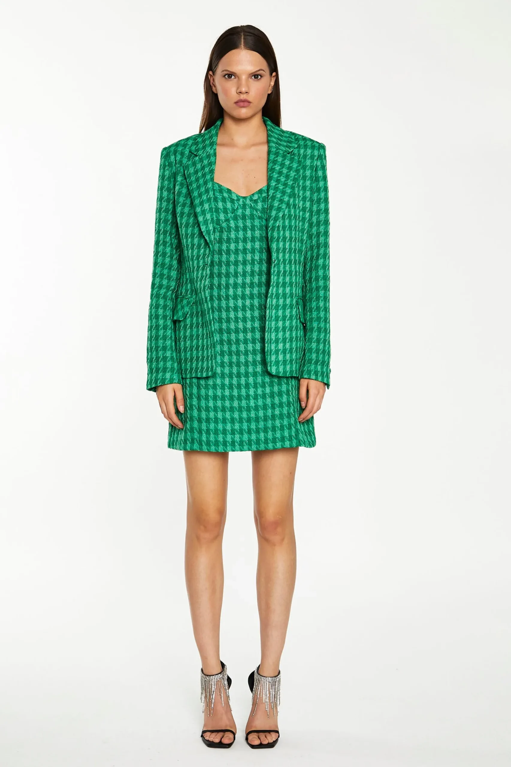 Glamorous Workwear|Go To Partywear|Green Tonal Houndstooth Fitted Blazer -
