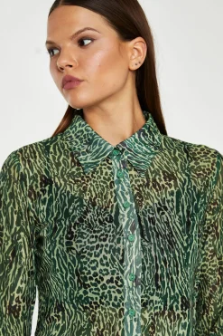Glamorous Co-ords|Blouses & Shirts|Green-Black Animal Mesh Skinny Fit Shirt -