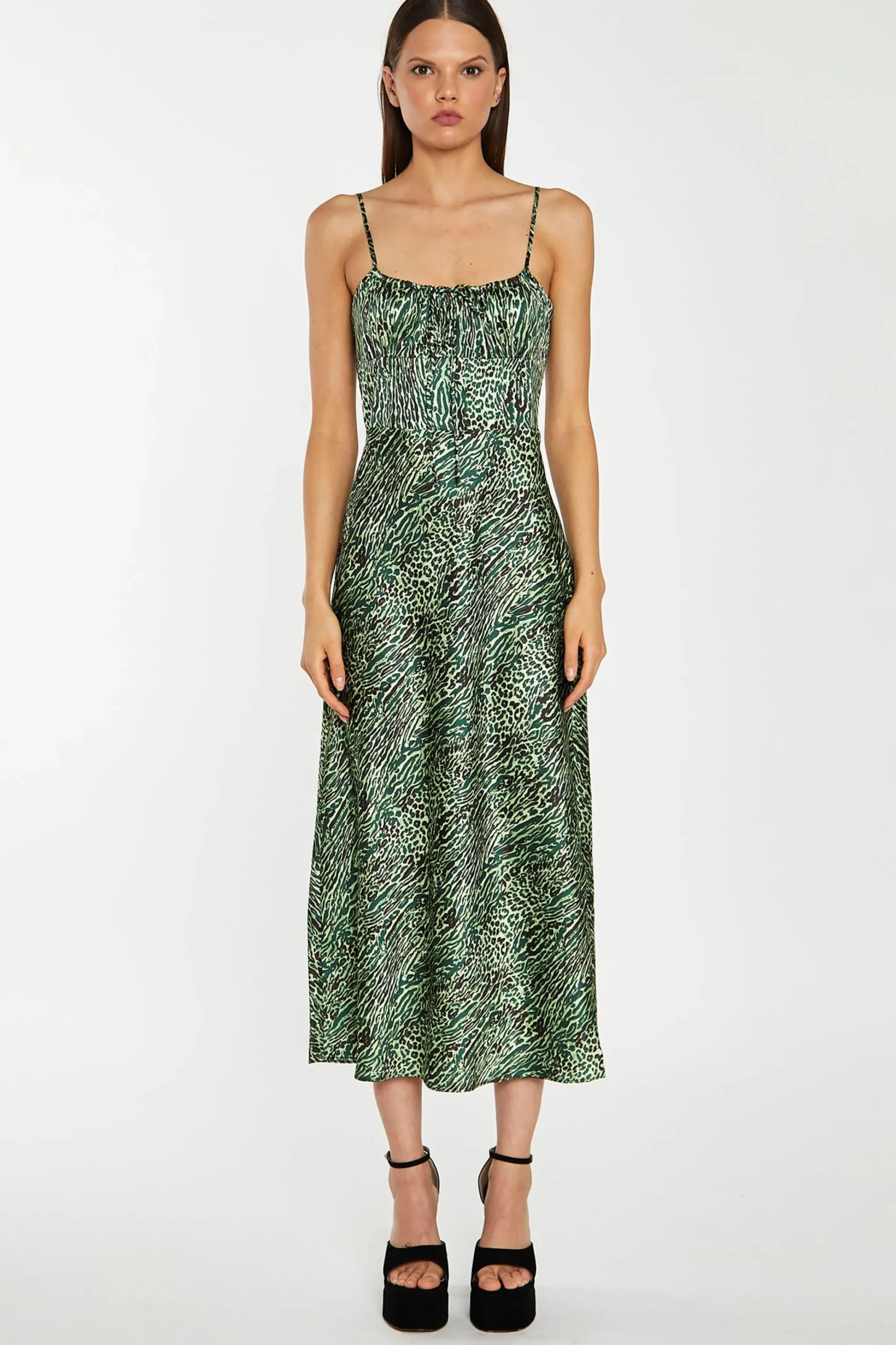 Glamorous Party Dresses|Going Out Dresses|Green-Black Animal Strappy Milkmaid Midi-Dress -