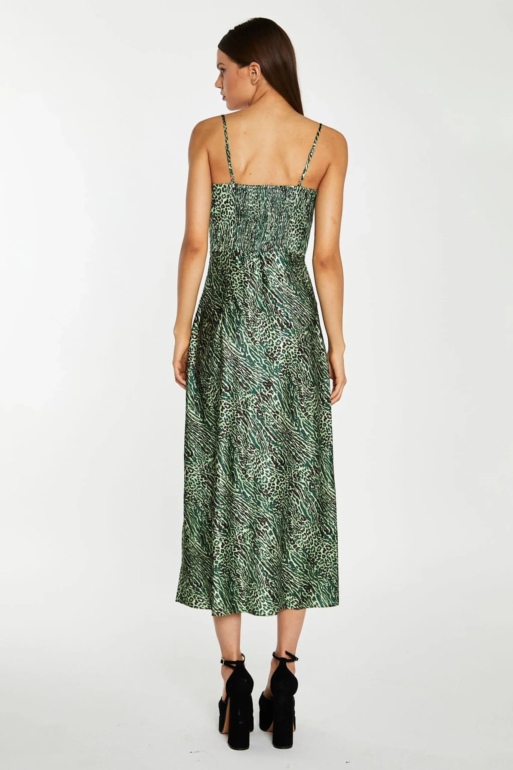 Glamorous Party Dresses|Going Out Dresses|Green-Black Animal Strappy Milkmaid Midi-Dress -