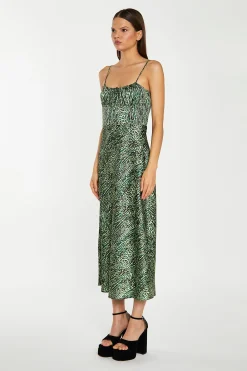 Glamorous Party Dresses|Going Out Dresses|Green-Black Animal Strappy Milkmaid Midi-Dress -