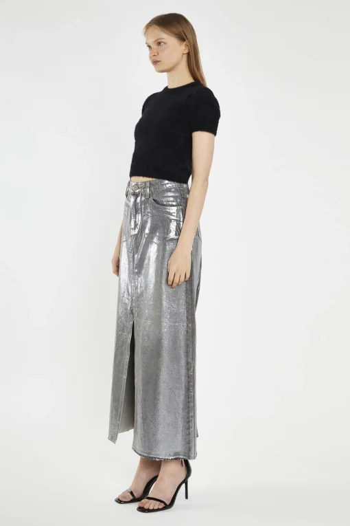Glamorous Denim Skirts|Midi & Midaxi Skirts|Grey Silver-Foil Denim Split-Front Midi-Skirt -