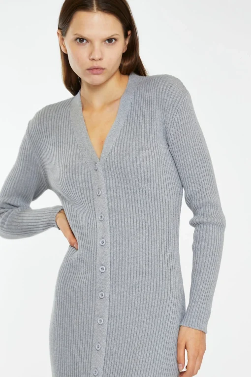 Glamorous Workwear|Day Dresses|Grey-Marl Button-Down Knitted Midi-Dress -