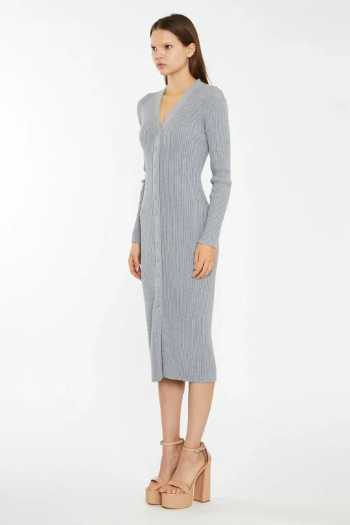 Glamorous Workwear|Day Dresses|Grey-Marl Button-Down Knitted Midi-Dress -