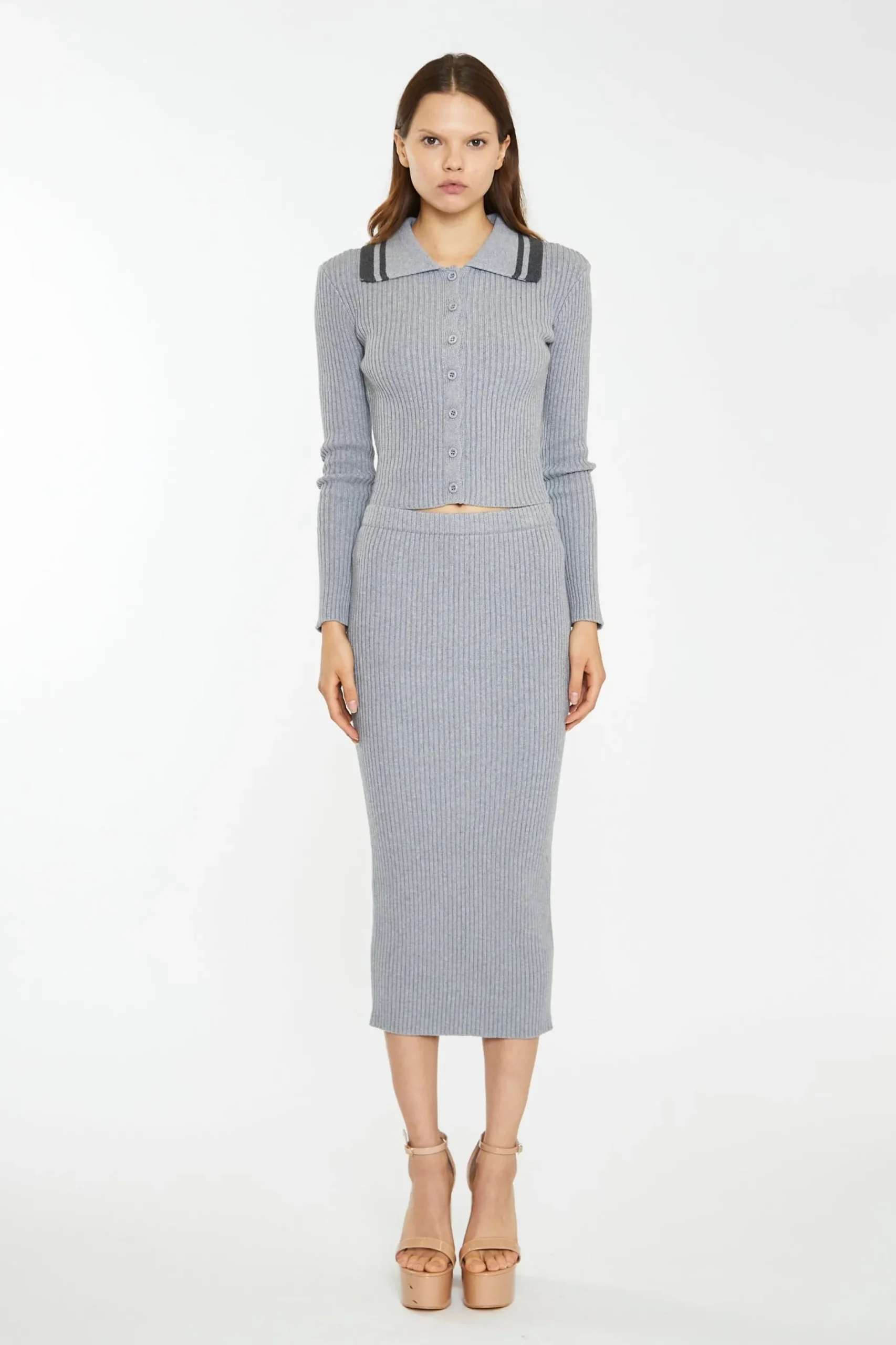 Glamorous Workwear|Co-ords|Grey-Marl Rib-Knit Midi-Skirt -