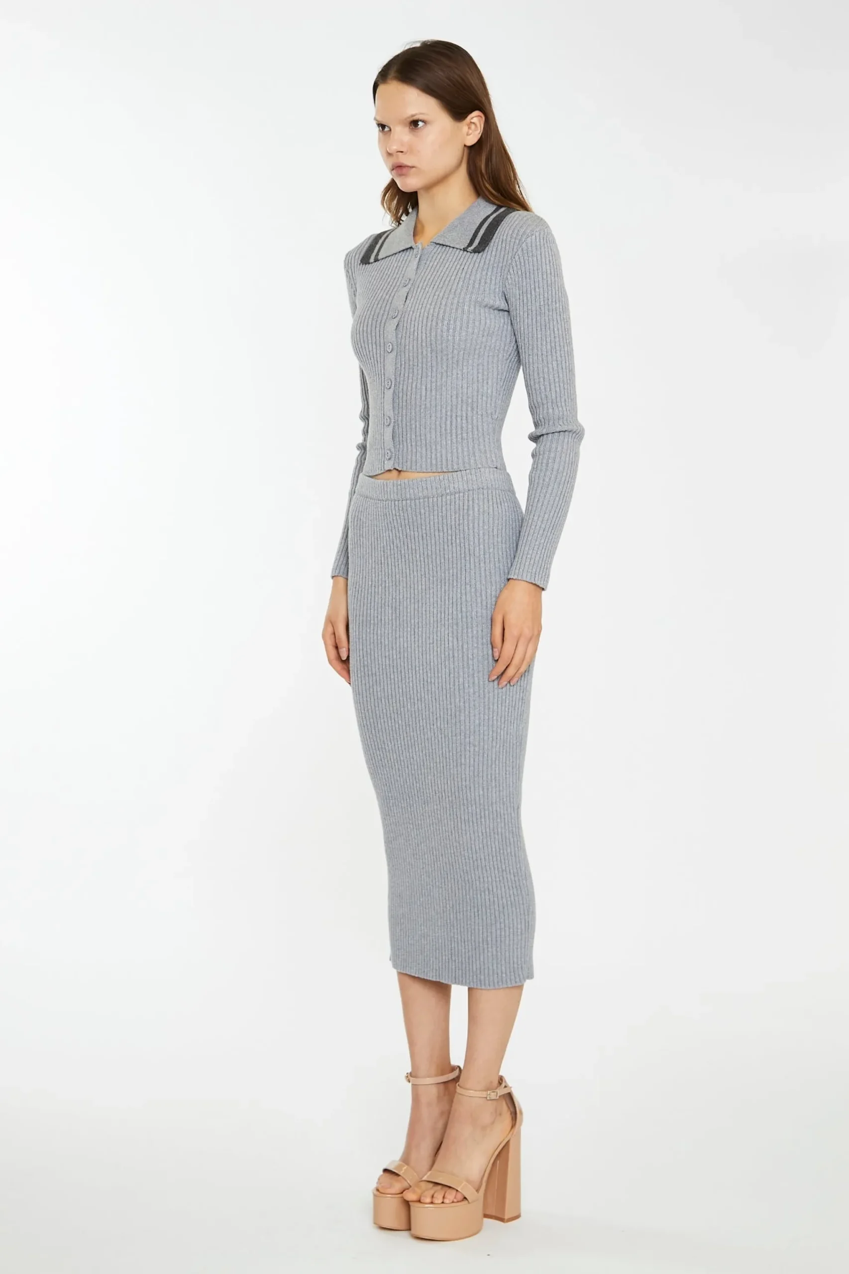 Glamorous Workwear|Co-ords|Grey-Marl Rib-Knit Midi-Skirt -