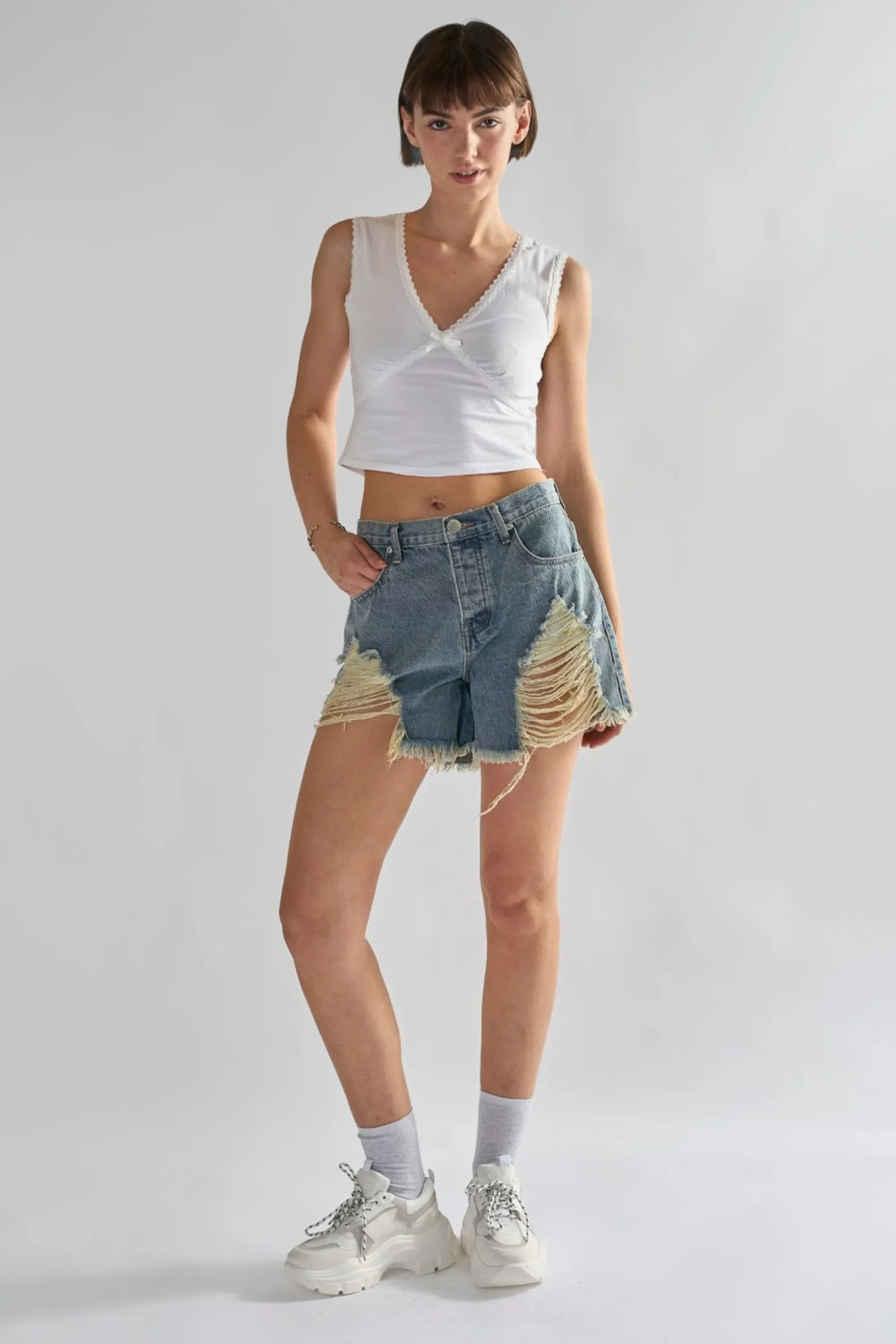 Glamorous Denim Shorts|Heavy Vintage-Wash Distressed Denim Shorts -