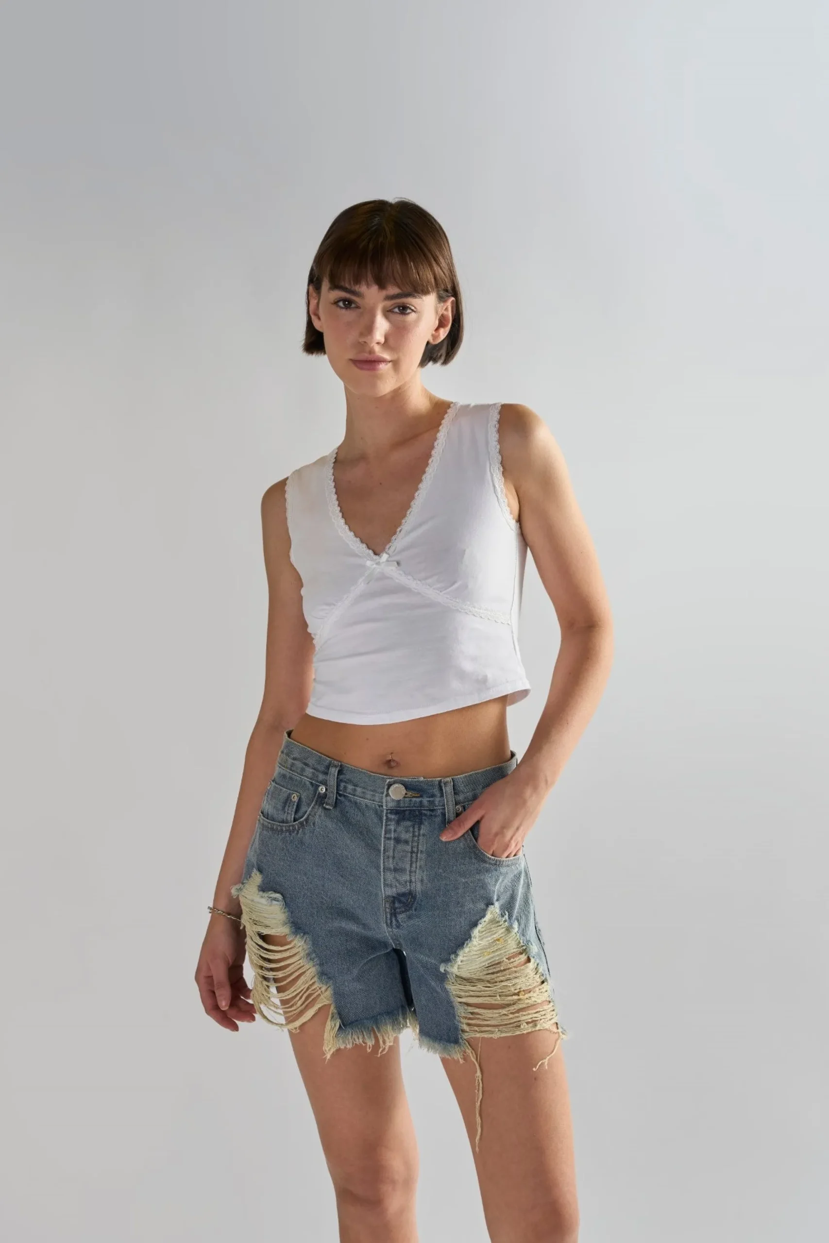 Glamorous Denim Shorts|Heavy Vintage-Wash Distressed Denim Shorts -