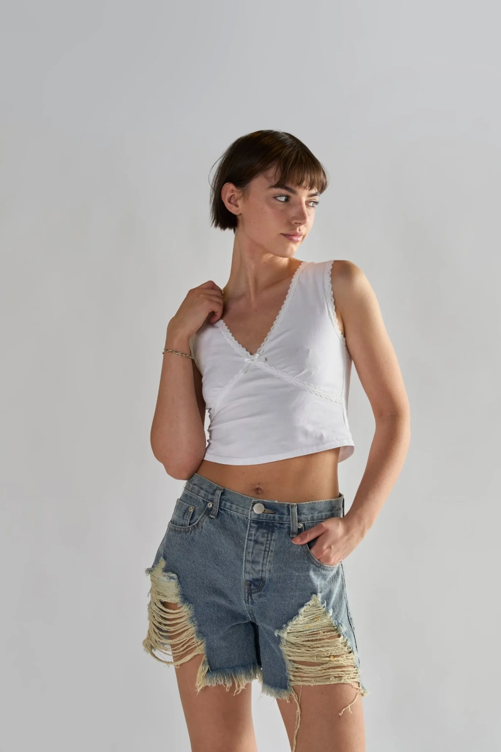 Glamorous Denim Shorts|Heavy Vintage-Wash Distressed Denim Shorts -