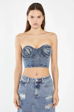 Glamorous Going Out Tops|Co-ords|Heavy-Vintage Wash Denim Corsage Crop-Top -