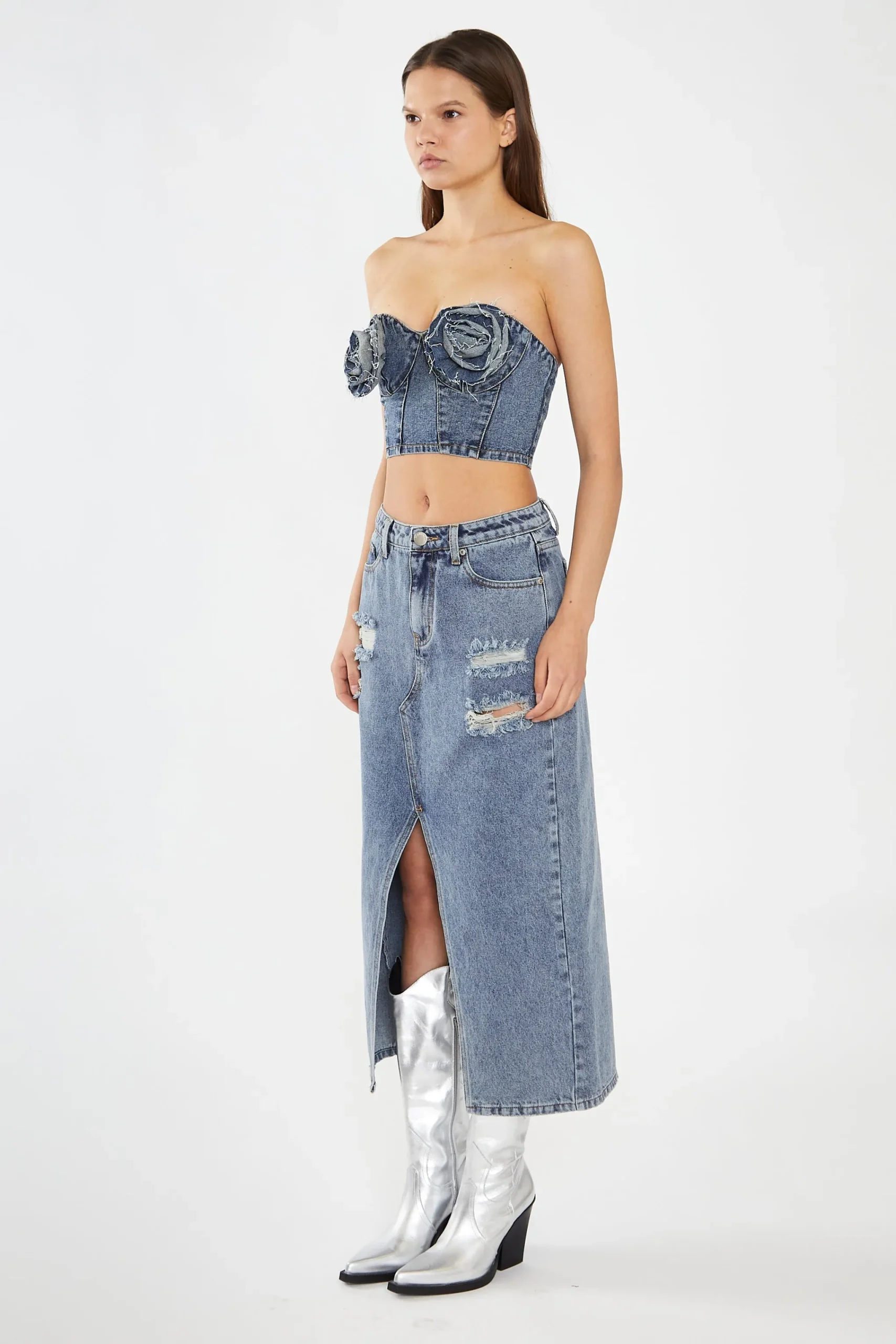 Glamorous Co-ords|Denim Skirts|Heavy-Vintage Wash Front-Split Distressed Denim Midi-Skirt -