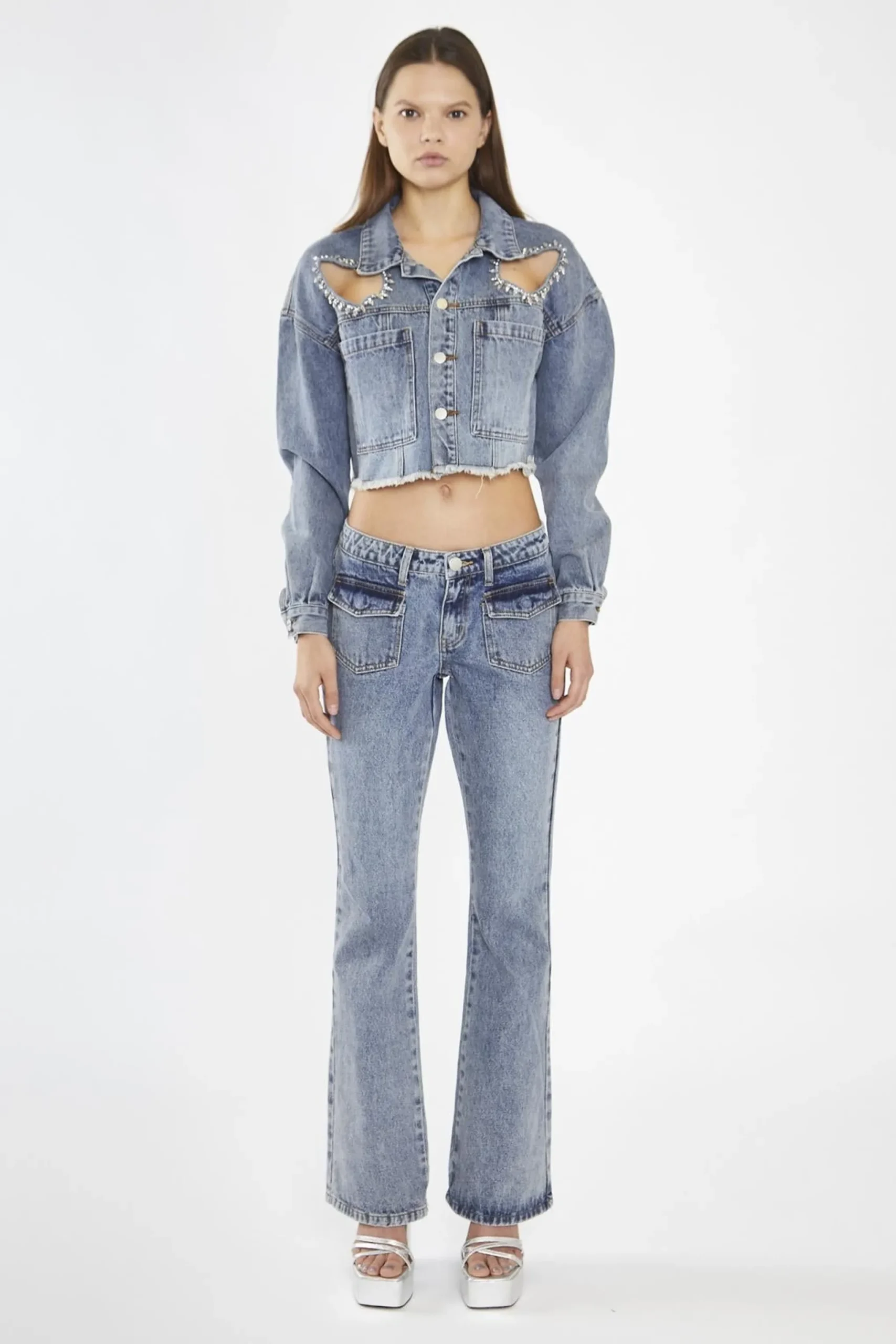 Glamorous Co-ords|Jackets|Heavy-Vintage Wash Heart Cut-Out Crop-Jacket -