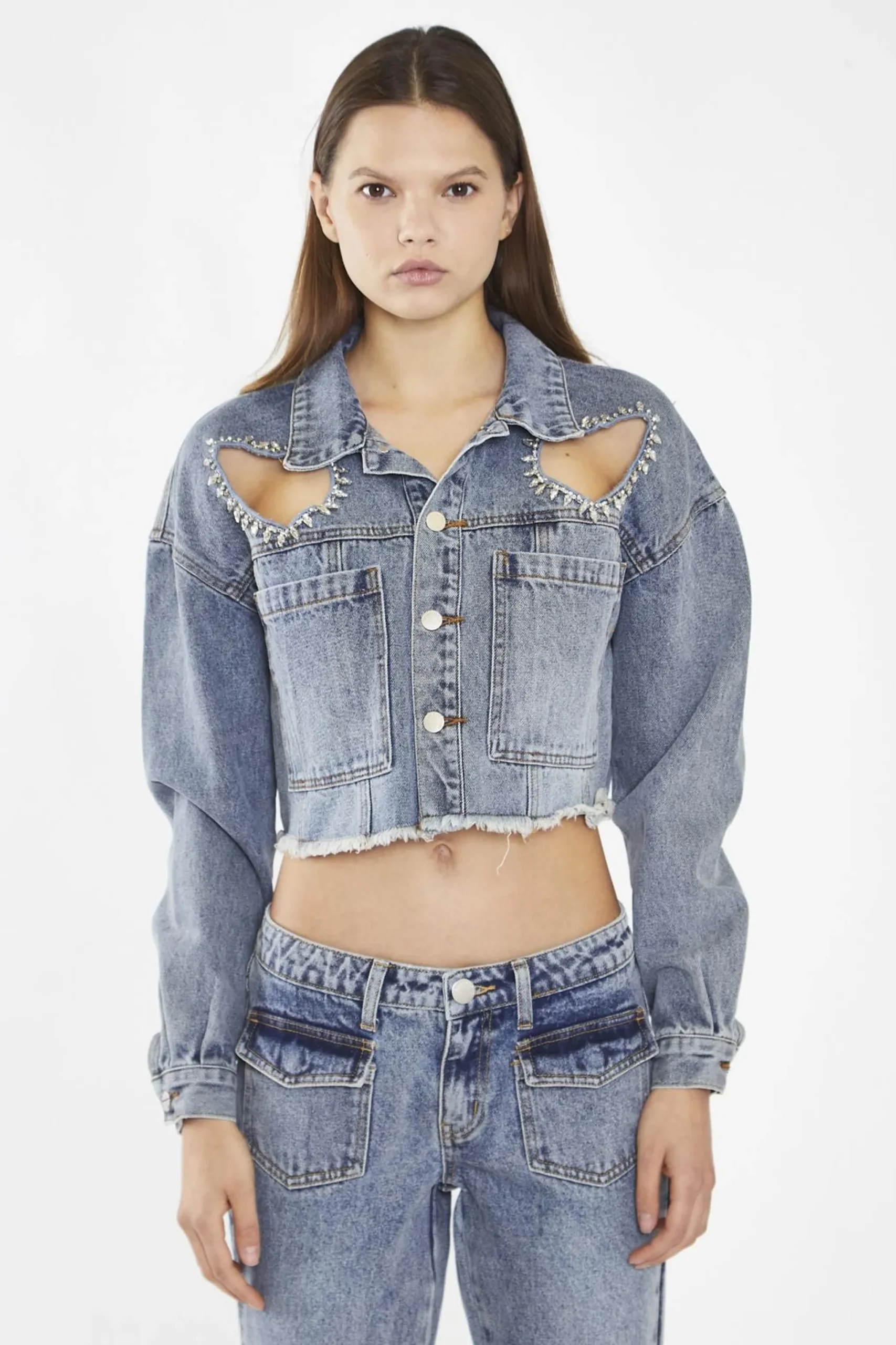 Glamorous Co-ords|Jackets|Heavy-Vintage Wash Heart Cut-Out Crop-Jacket -