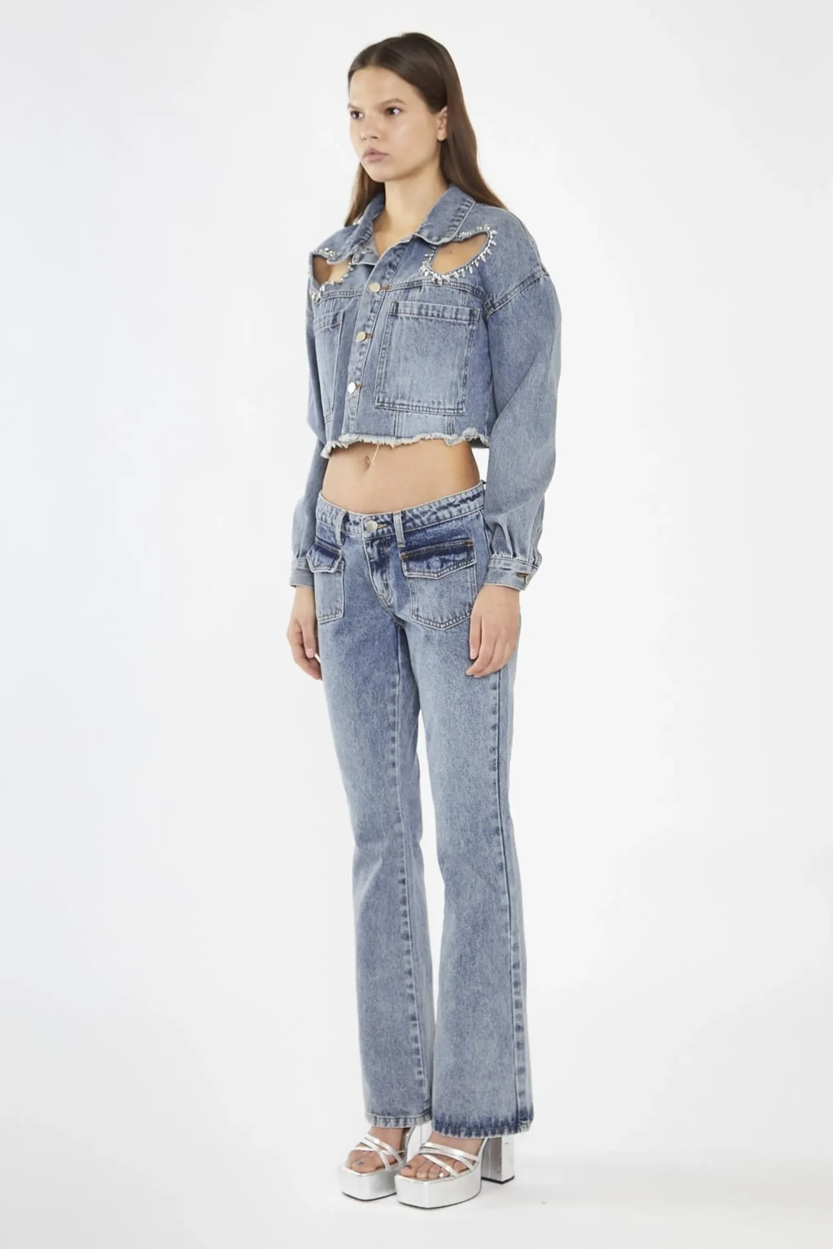 Glamorous Co-ords|Jackets|Heavy-Vintage Wash Heart Cut-Out Crop-Jacket -