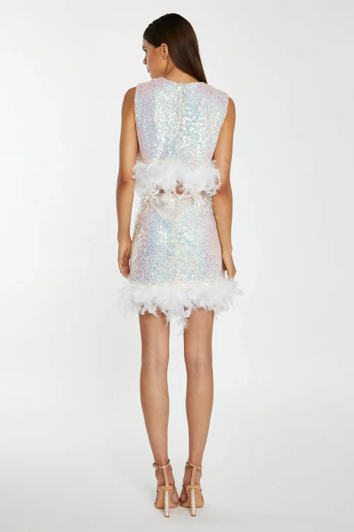 Glamorous Go To Partywear|Co-ords|Iridescent-Sequin White Feather Trim Crop-Top -