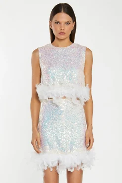 Glamorous Go To Partywear|Co-ords|Iridescent-Sequin White Feather Trim Crop-Top -