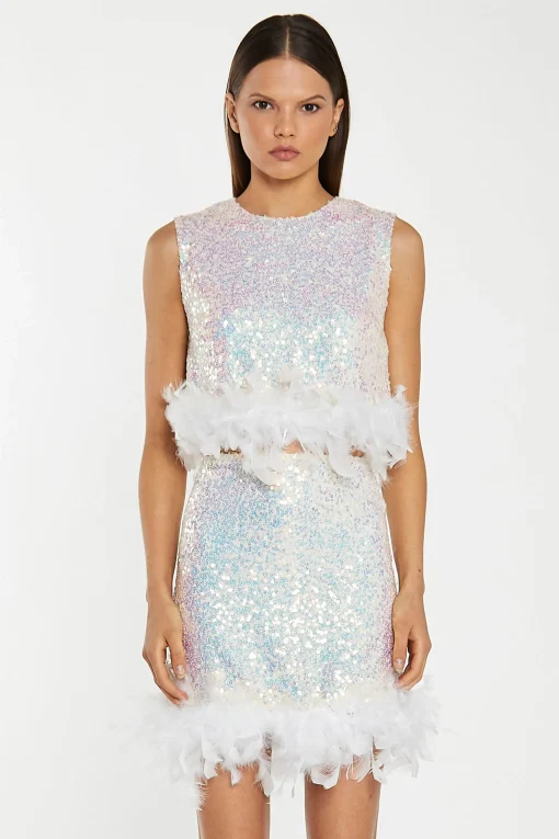 Glamorous Go To Partywear|Co-ords|Iridescent-Sequin White Feather Trim Crop-Top -