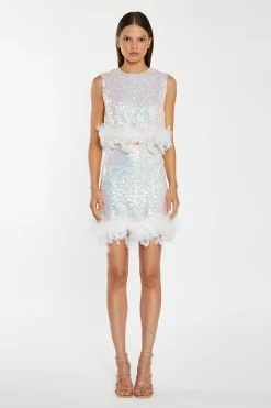 Glamorous Go To Partywear|Co-ords|Iridescent-Sequin White Feather Trim Crop-Top -