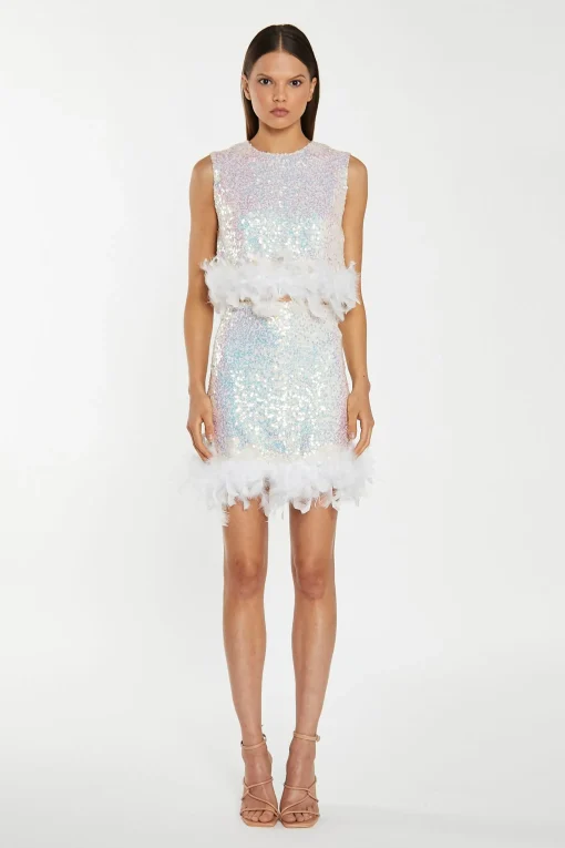 Glamorous Go To Partywear|Co-ords|Iridescent-Sequin White Feather Trim Crop-Top -