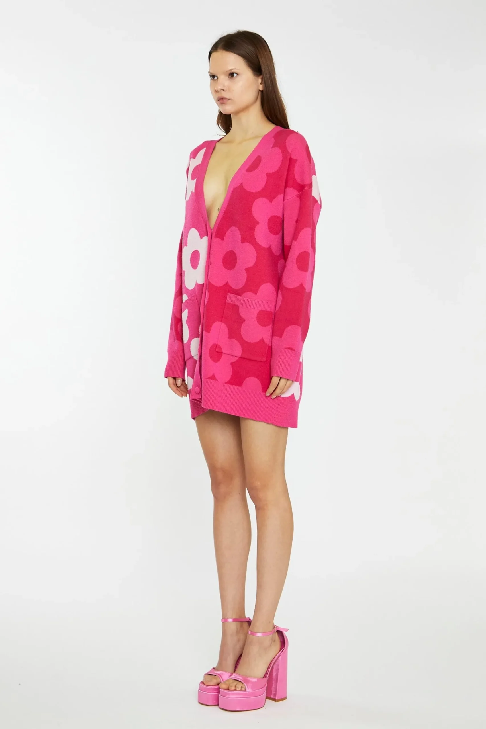 Glamorous Cardigans|Large Pink Flower Long-Line Cardigan -