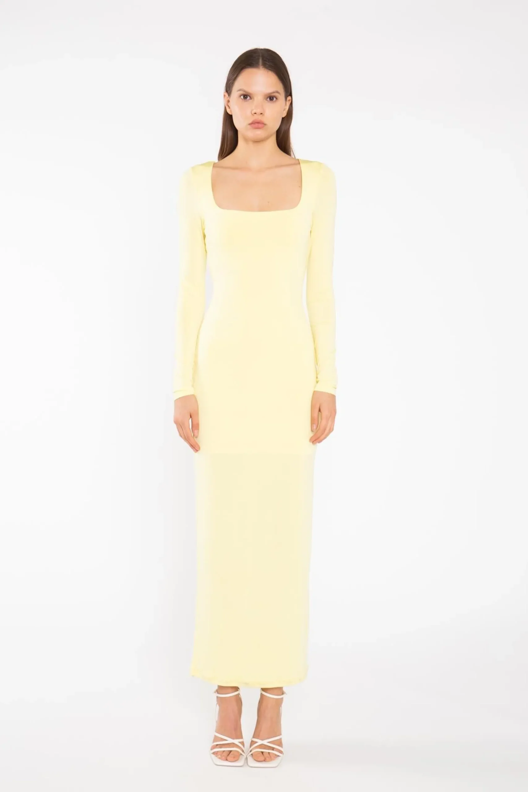 Glamorous Party Dresses|Going Out Dresses|Lemon-Yellow Square-neck Maxi-Dress -