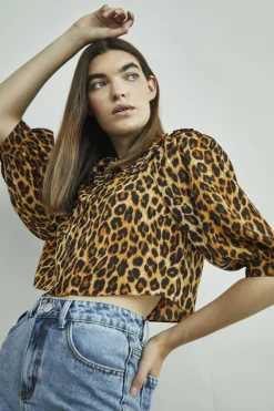 Glamorous Blouses & Shirts|Leopard Print Long Sleeve High Neck Crop Top -