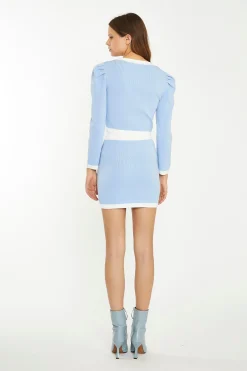 Glamorous Go To Partywear|Chic Escapes|Light Blue White Knitted Mini-Skirt -