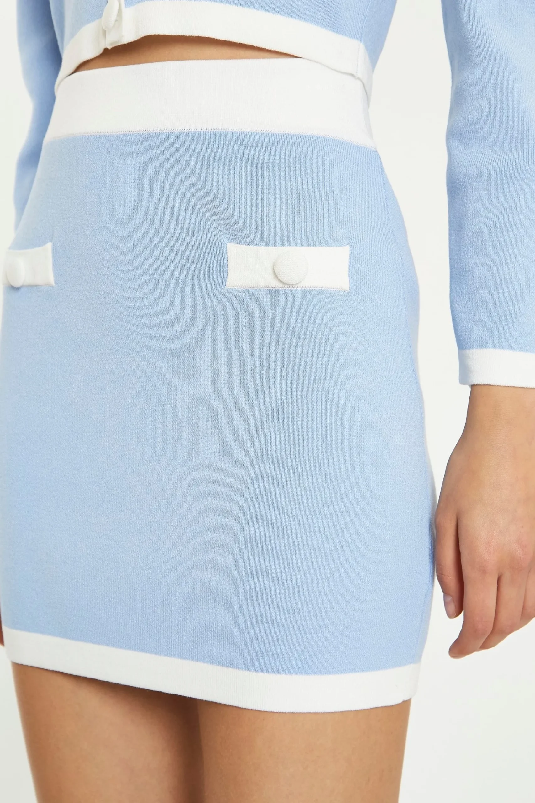 Glamorous Go To Partywear|Chic Escapes|Light Blue White Knitted Mini-Skirt -