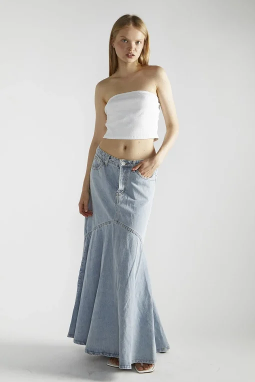 Glamorous Denim Skirts|Maxi Skirts|Light Stonewash Denim Fishtail Maxi-Skirt -