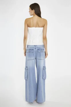 Glamorous Wide Leg Jeans|Wide Leg Trousers|Light Stonewash Wide Leg Cargo Jeans -