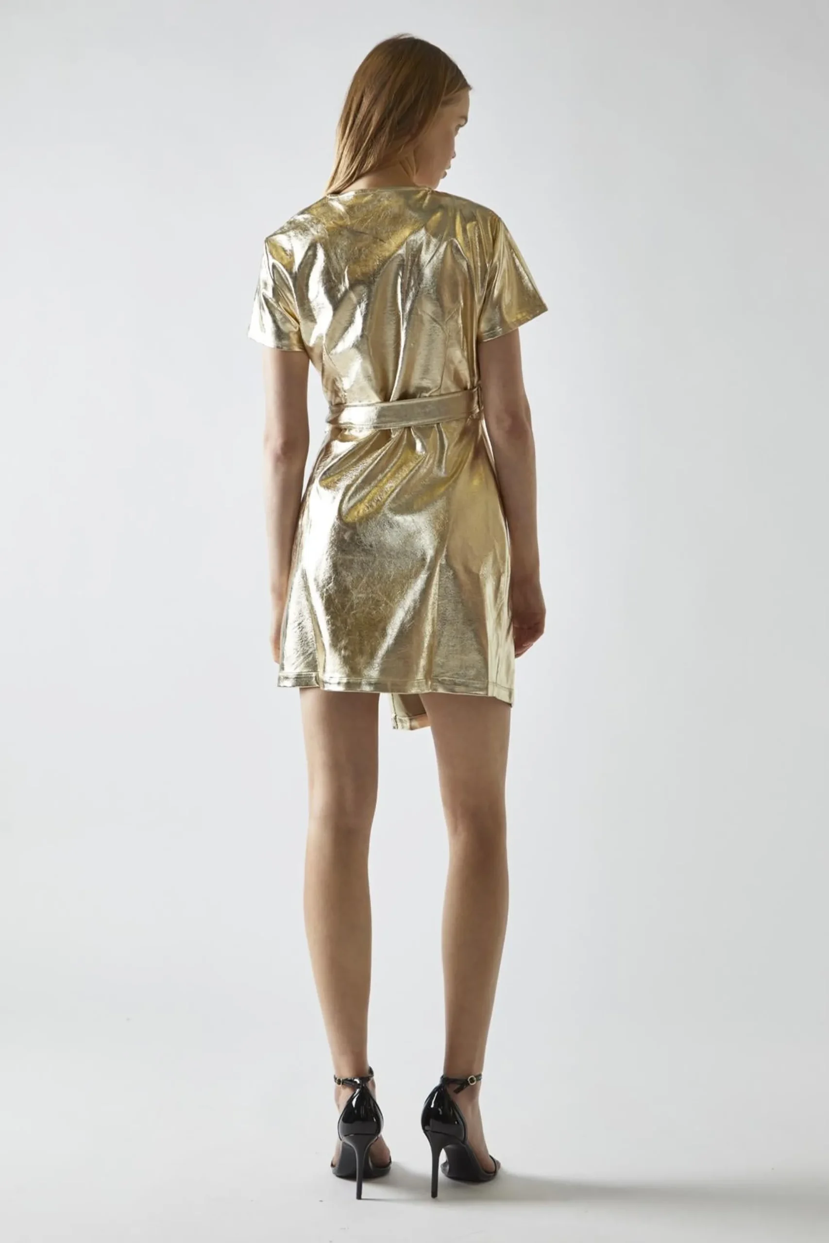 Glamorous Party Dresses|Going Out Dresses|Light-Gold PU Wrap Mini-Dress -