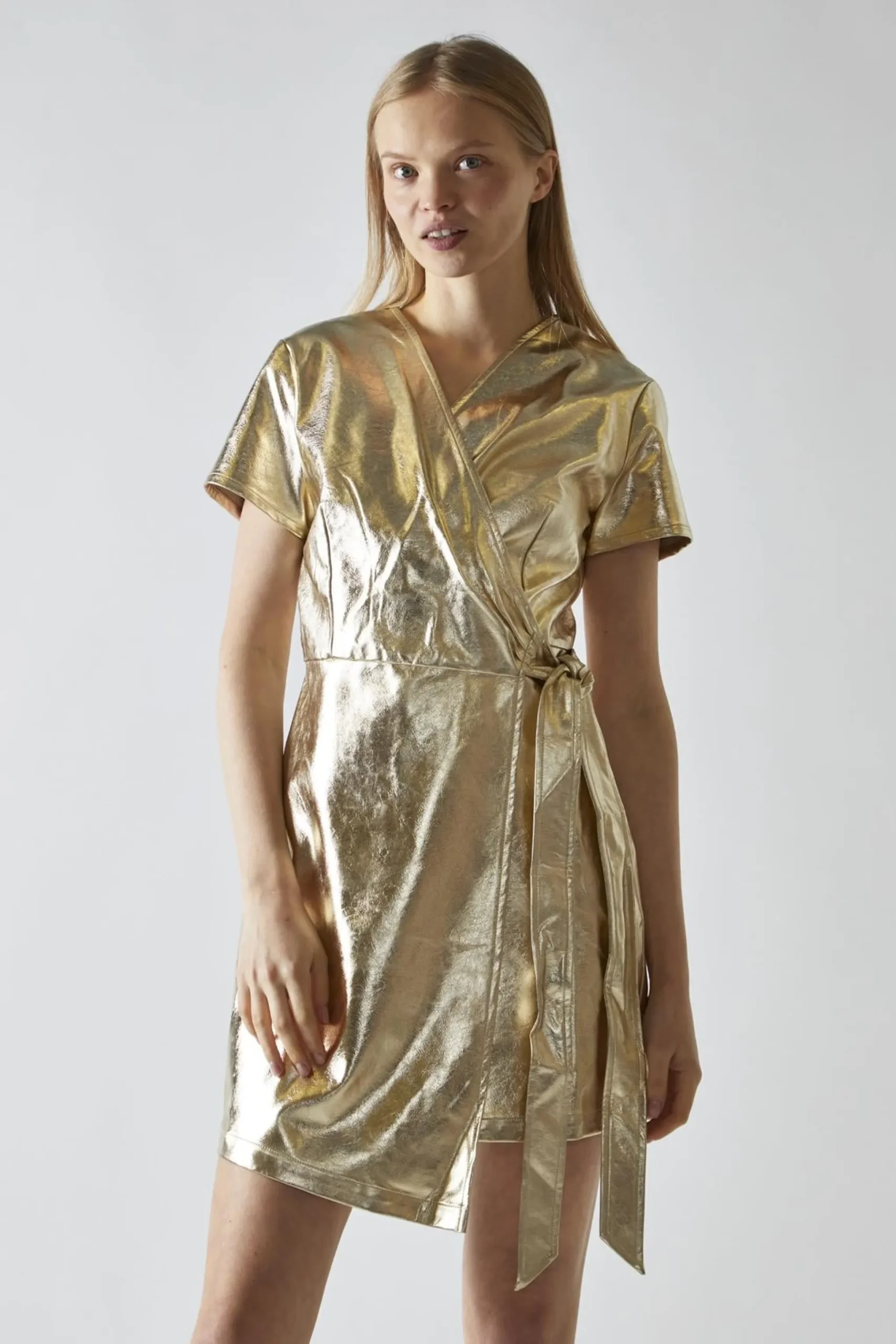 Glamorous Party Dresses|Going Out Dresses|Light-Gold PU Wrap Mini-Dress -