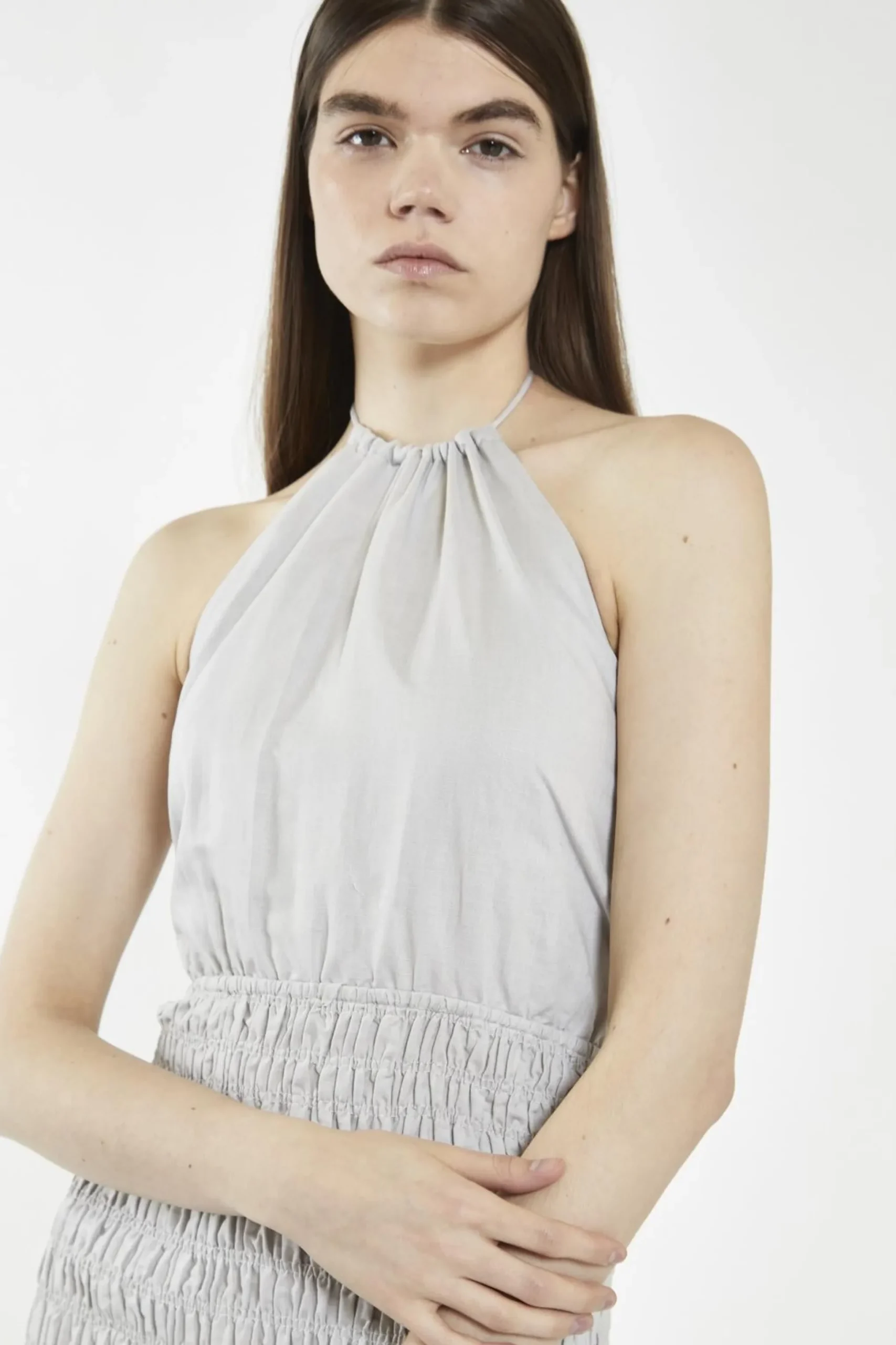 Glamorous Mini Dresses|Mini Dresses|Light-Grey Halter-Neck Shirred Mini-Dress -