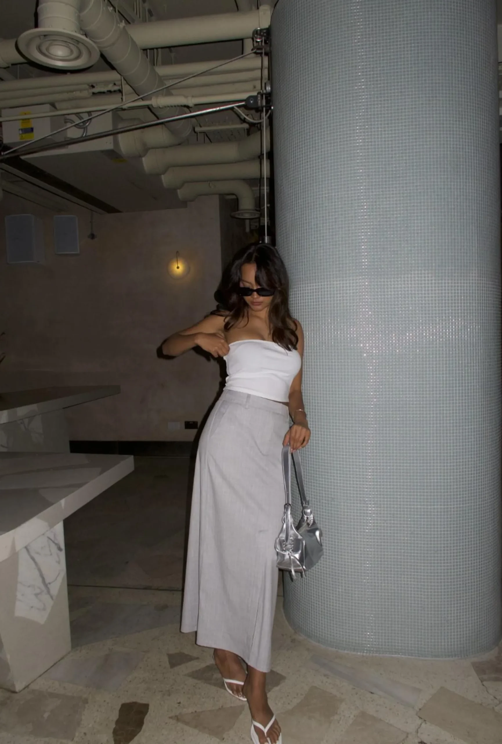 Glamorous Bottoms|Maxi Skirts|Light-Grey-Pinstripe Pencil Maxi Skirts -