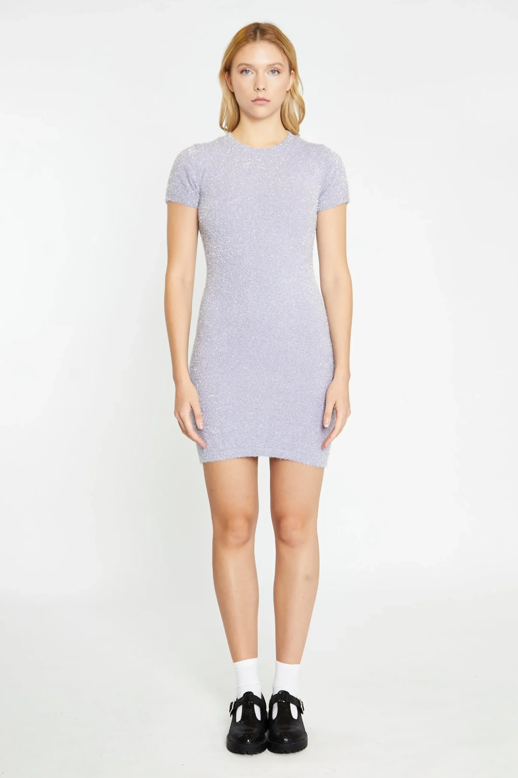 Glamorous Day Dresses|Knitted Dresses|Lilac-Glitter Knitted Mini-Dress -