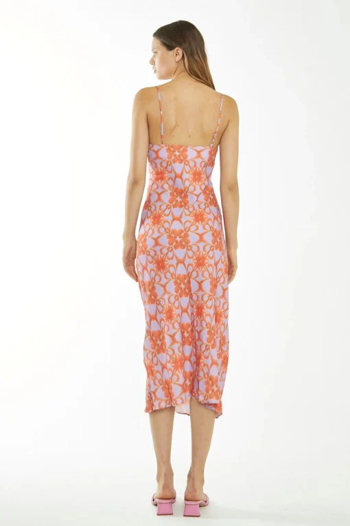 Glamorous Best Dressed Guest|Go To Partywear|Lilac-Orange Tribal Print Cowl-Neck Slip Midi-Dress -