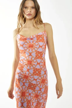 Glamorous Best Dressed Guest|Go To Partywear|Lilac-Orange Tribal Print Cowl-Neck Slip Midi-Dress -