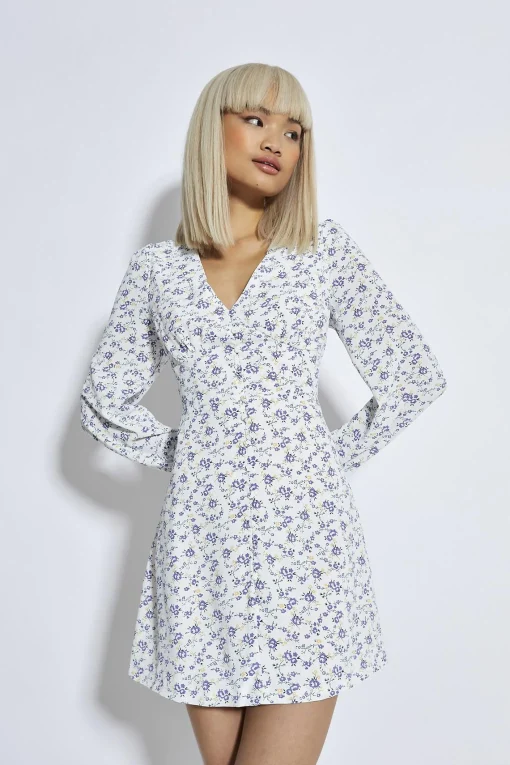 Glamorous Day Dresses|Mini Dresses|Lilac-Yellow Ditsy V-Neck Mini-Dress -