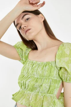 Glamorous Chic Escapes|Tops & T-shirts|Lime Organza Jacquard Open-Back Top -