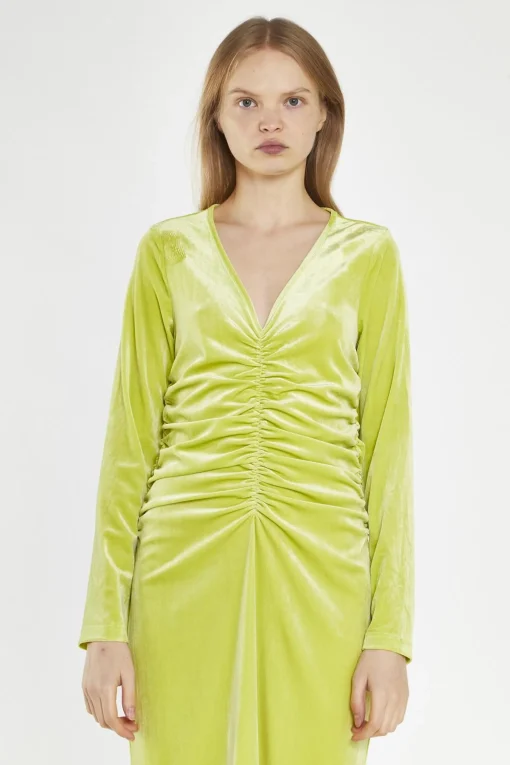 Glamorous Day Dresses|Midi & Midaxi Dresses|Lime-Green Velvet Ruched-Front Midi-Dress -