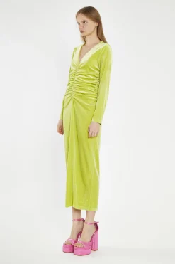 Glamorous Day Dresses|Midi & Midaxi Dresses|Lime-Green Velvet Ruched-Front Midi-Dress -