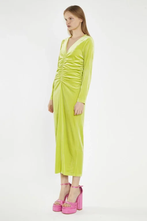 Glamorous Day Dresses|Midi & Midaxi Dresses|Lime-Green Velvet Ruched-Front Midi-Dress -