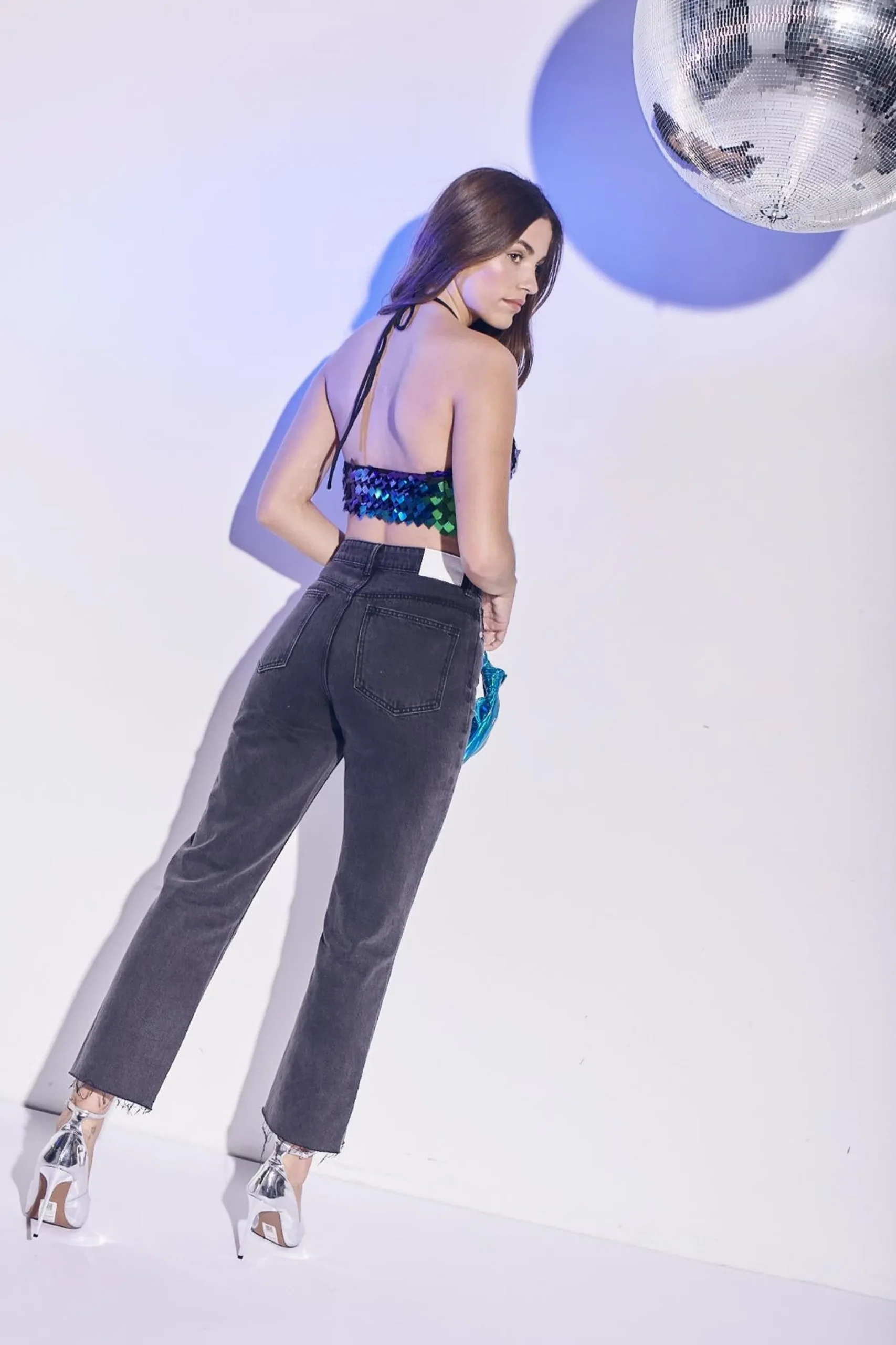 Glamorous Tops|Co-ords|Makenna Co-ord Halterneck Crop Top -Cobalt Sequin-Mix -