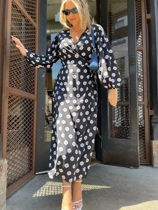 Glamorous Workwear|Day Dresses|Mono-Daisy Long Sleeve Wrap Midi-dress -