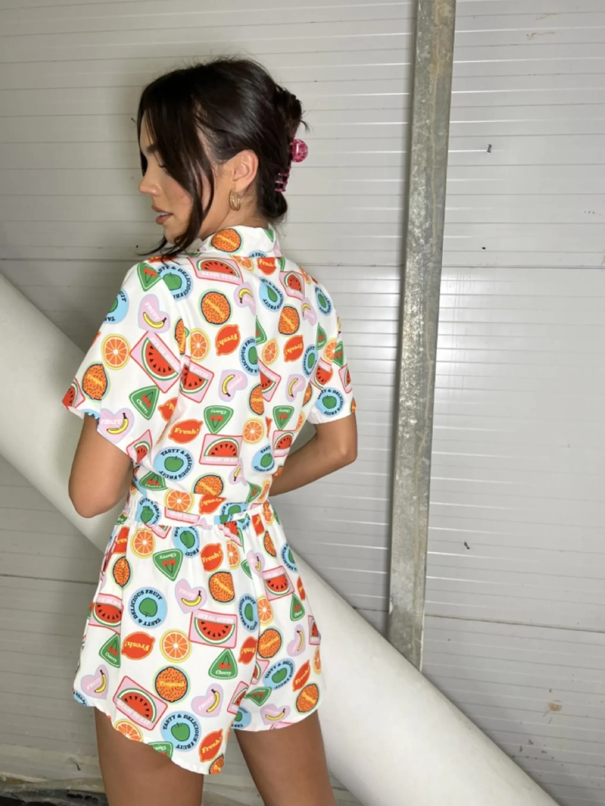 Glamorous Woven Shorts|Multi Fruit Stickers High-waisted Shorts -